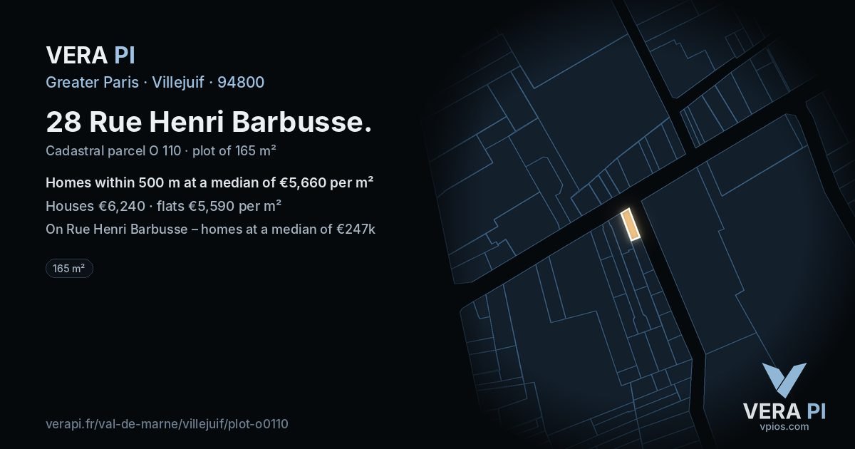 28 Rue Henri Barbusse, Villejuif at night – the plot lit, the parcels around coloured by the prices near them