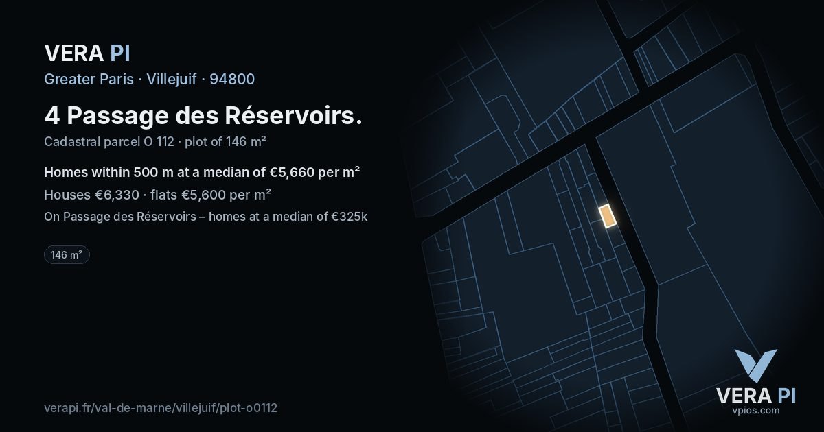 4 Passage des Réservoirs, Villejuif at night – the plot lit, the parcels around coloured by the prices near them