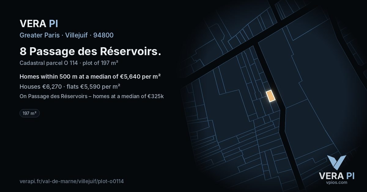 8 Passage des Réservoirs, Villejuif at night – the plot lit, the parcels around coloured by the prices near them
