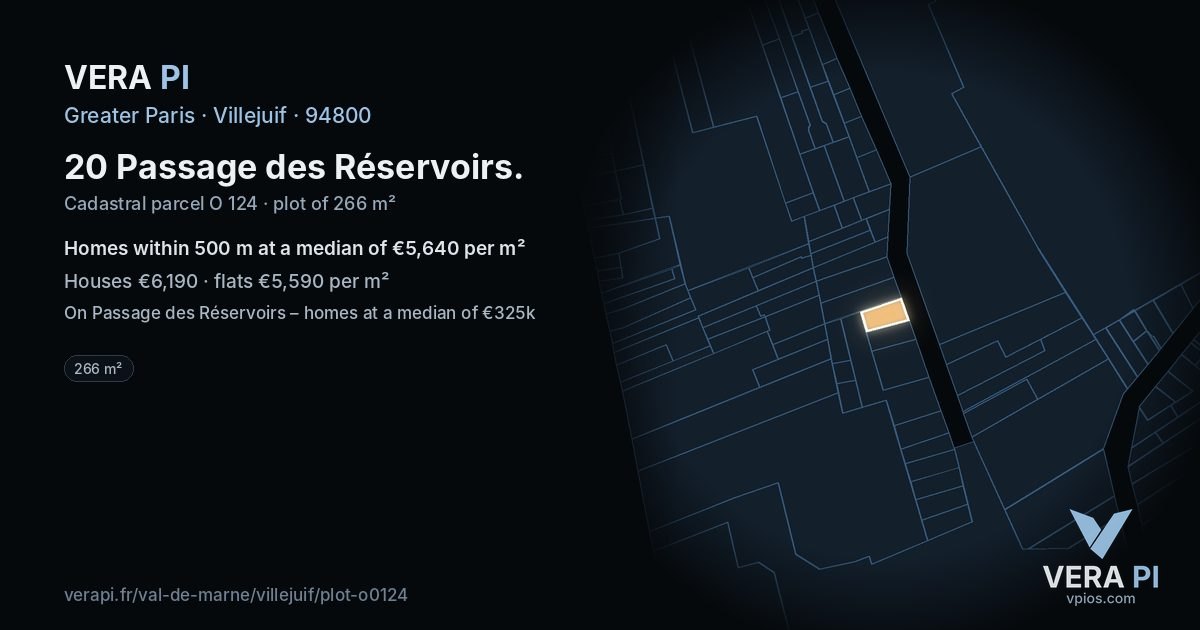 20 Passage des Réservoirs, Villejuif at night – the plot lit, the parcels around coloured by the prices near them