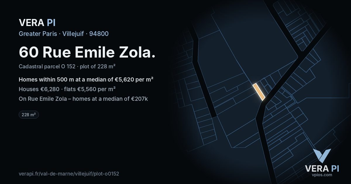 60 Rue Emile Zola, Villejuif at night – the plot lit, the parcels around coloured by the prices near them