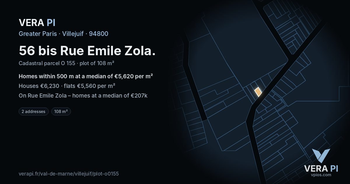 56 bis Rue Emile Zola, Villejuif at night – the plot lit, the parcels around coloured by the prices near them