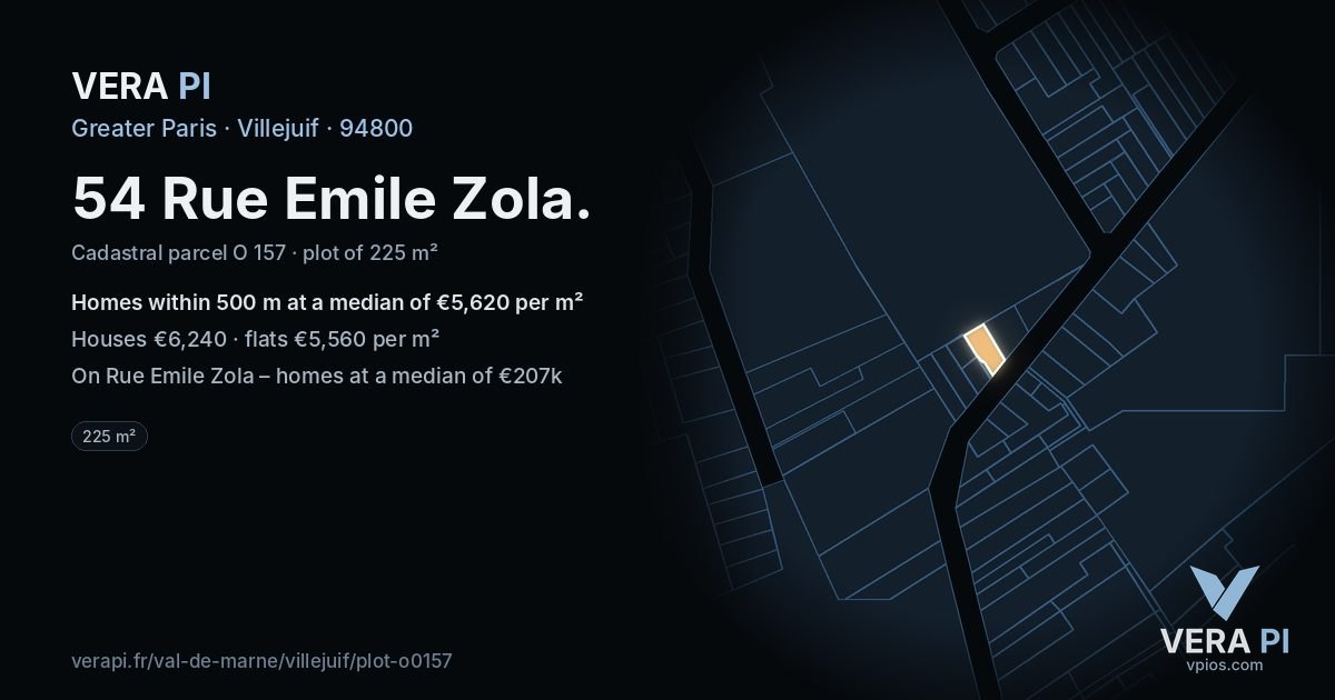 54 Rue Emile Zola, Villejuif at night – the plot lit, the parcels around coloured by the prices near them