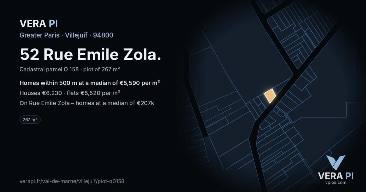 52 Rue Emile Zola, Villejuif at night – the plot lit, the parcels around coloured by the prices near them