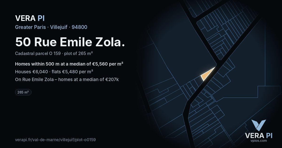 50 Rue Emile Zola, Villejuif at night – the plot lit, the parcels around coloured by the prices near them