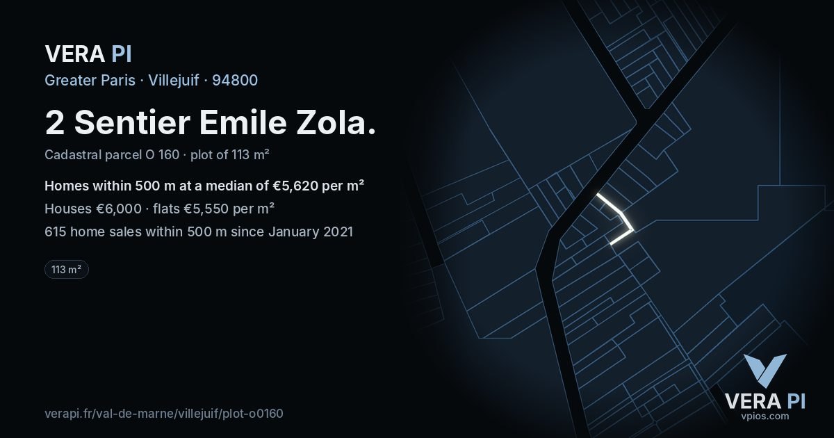 2 Sentier Emile Zola, Villejuif at night – the plot lit, the parcels around coloured by the prices near them