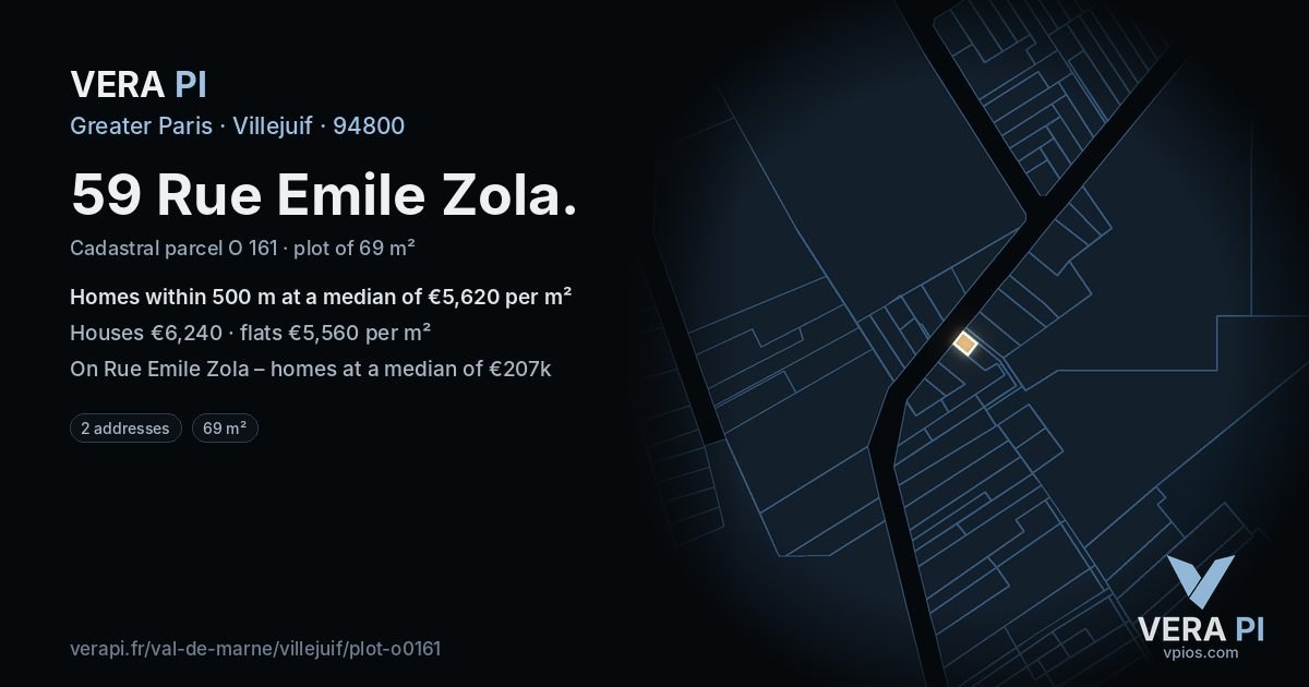 59 Rue Emile Zola, Villejuif at night – the plot lit, the parcels around coloured by the prices near them