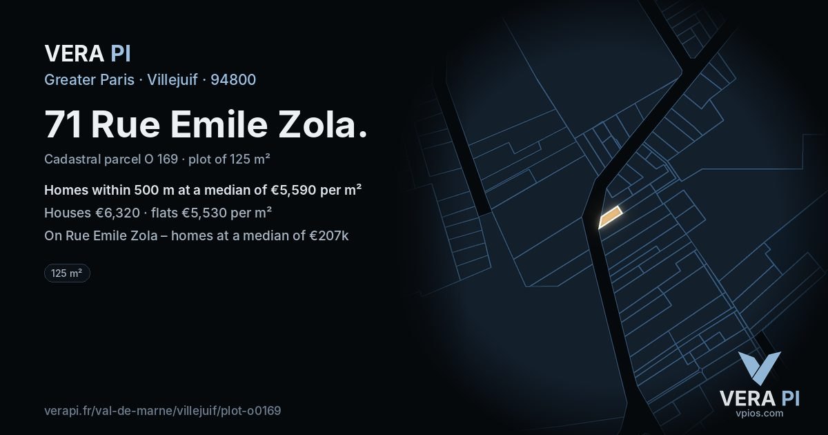71 Rue Emile Zola, Villejuif at night – the plot lit, the parcels around coloured by the prices near them