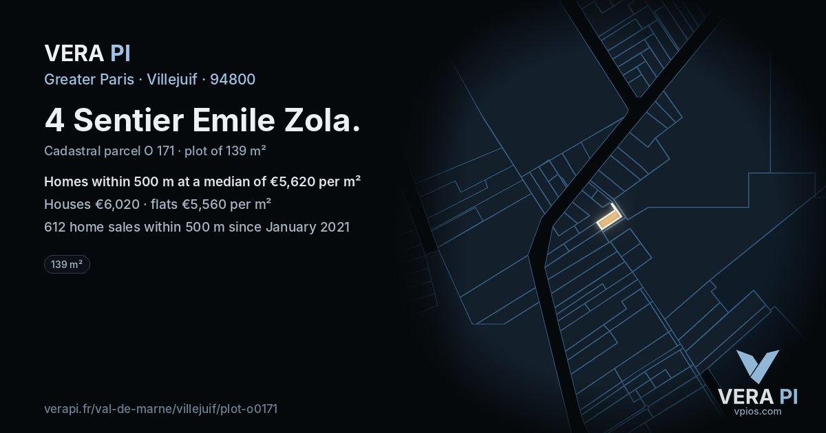 4 Sentier Emile Zola, Villejuif at night – the plot lit, the parcels around coloured by the prices near them