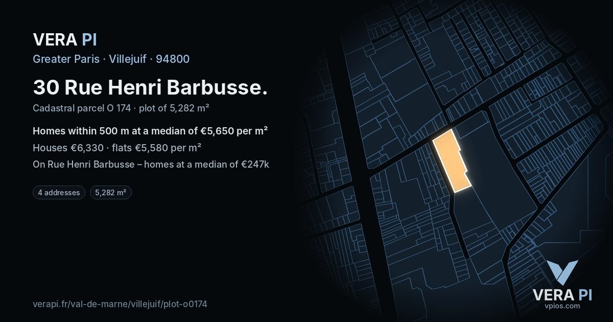 30 Rue Henri Barbusse, Villejuif at night – the plot lit, the parcels around coloured by the prices near them