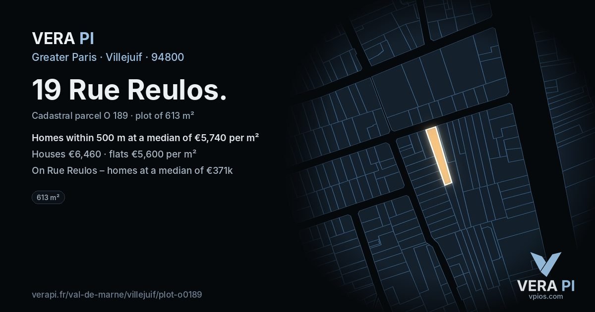 19 Rue Reulos, Villejuif at night – the plot lit, the parcels around coloured by the prices near them