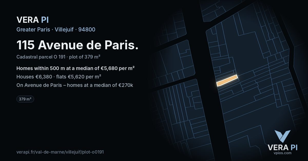 115 Avenue de Paris, Villejuif at night – the plot lit, the parcels around coloured by the prices near them