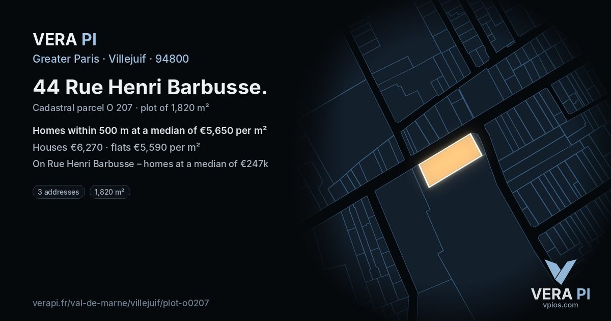 44 Rue Henri Barbusse, Villejuif at night – the plot lit, the parcels around coloured by the prices near them