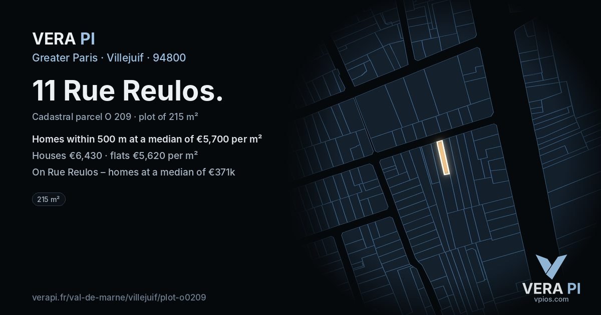 11 Rue Reulos, Villejuif at night – the plot lit, the parcels around coloured by the prices near them