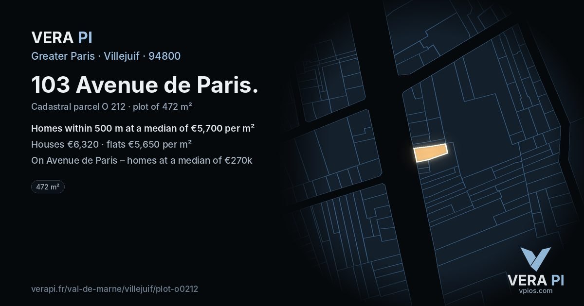 103 Avenue de Paris, Villejuif at night – the plot lit, the parcels around coloured by the prices near them