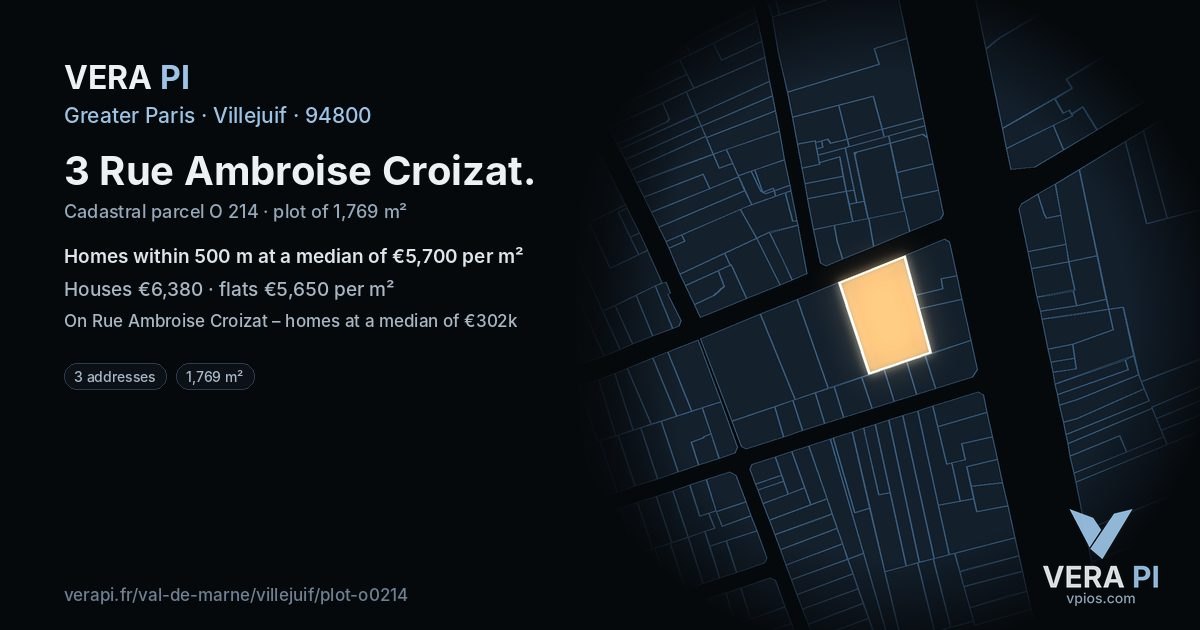 3 Rue Ambroise Croizat, Villejuif at night – the plot lit, the parcels around coloured by the prices near them