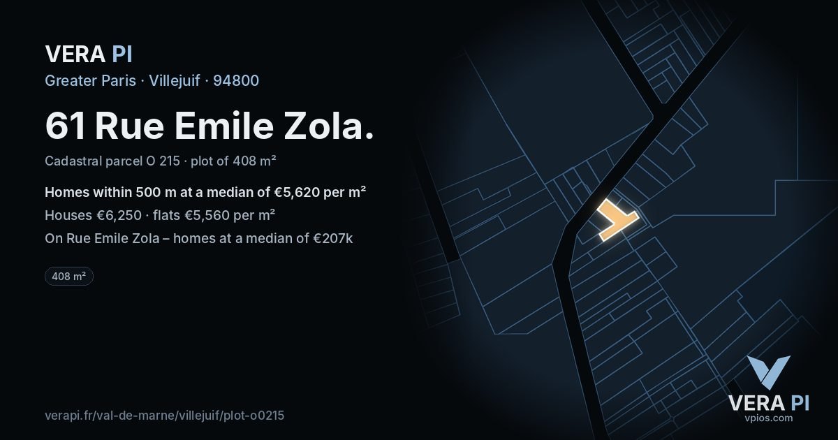 61 Rue Emile Zola, Villejuif at night – the plot lit, the parcels around coloured by the prices near them