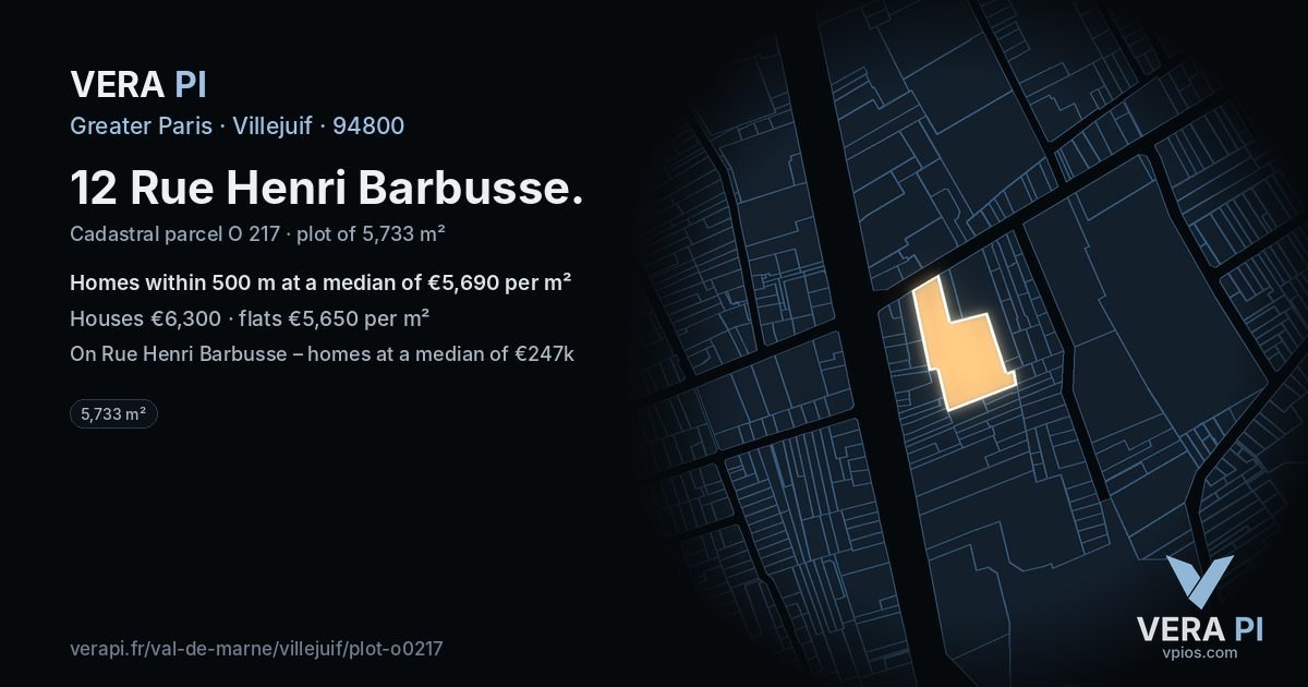 12 Rue Henri Barbusse, Villejuif at night – the plot lit, the parcels around coloured by the prices near them