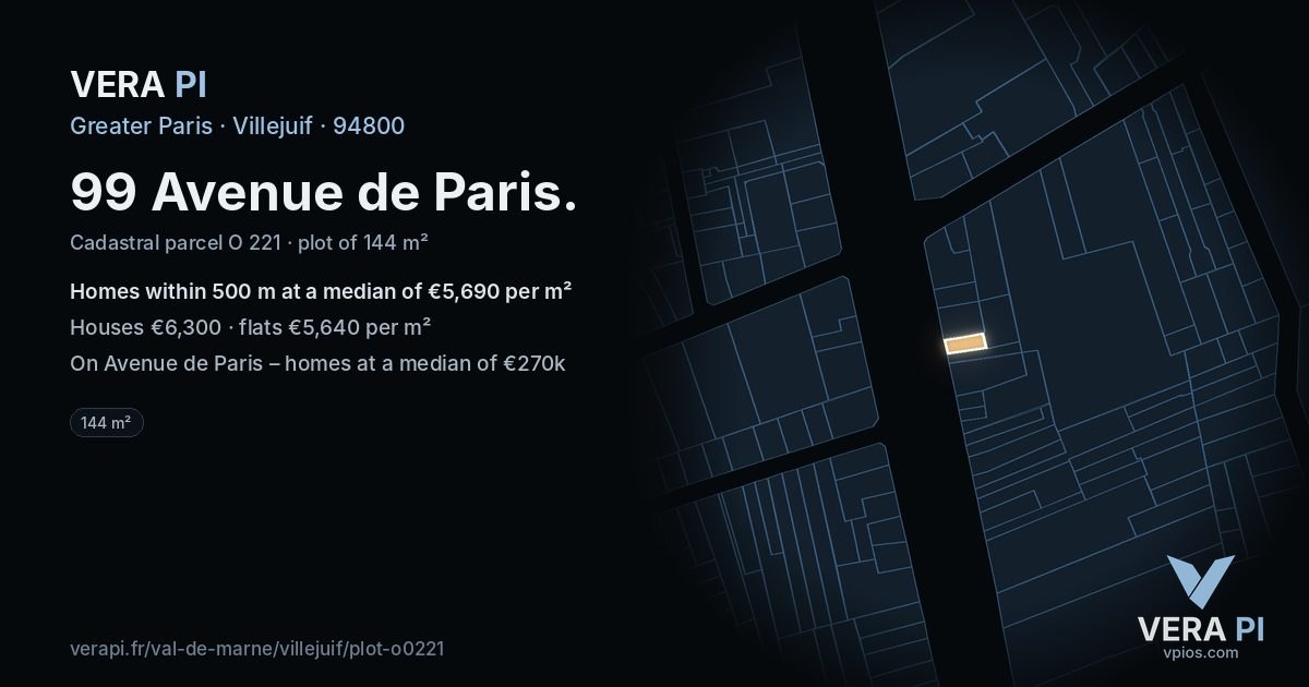 99 Avenue de Paris, Villejuif at night – the plot lit, the parcels around coloured by the prices near them