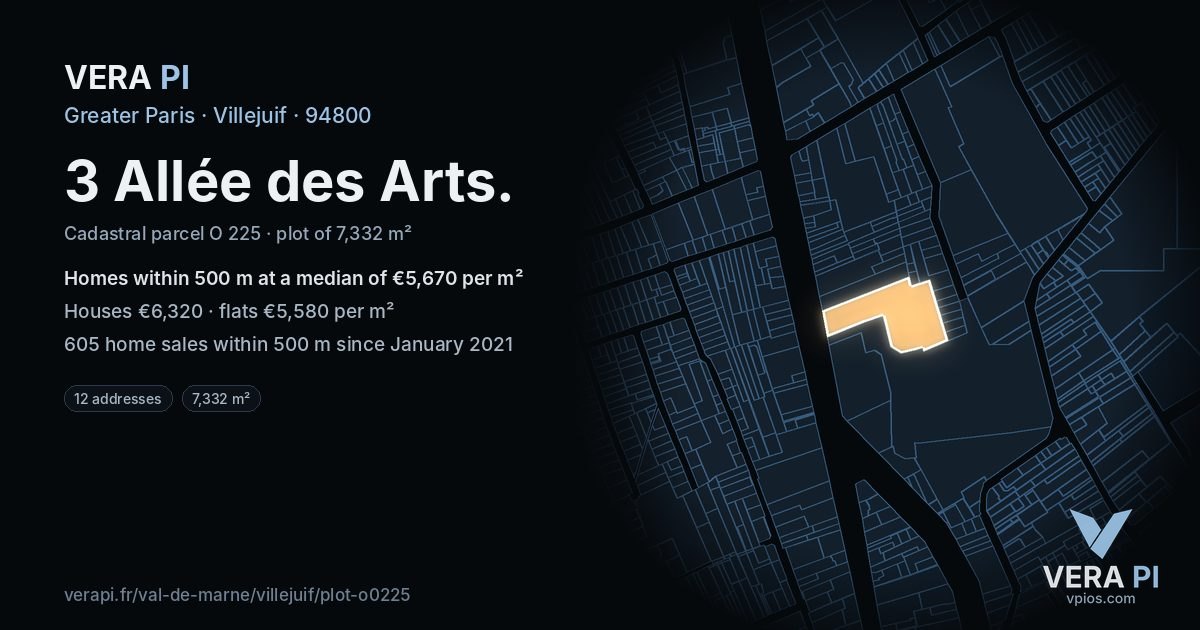 3 Allée des Arts, Villejuif at night – the plot lit, the parcels around coloured by the prices near them