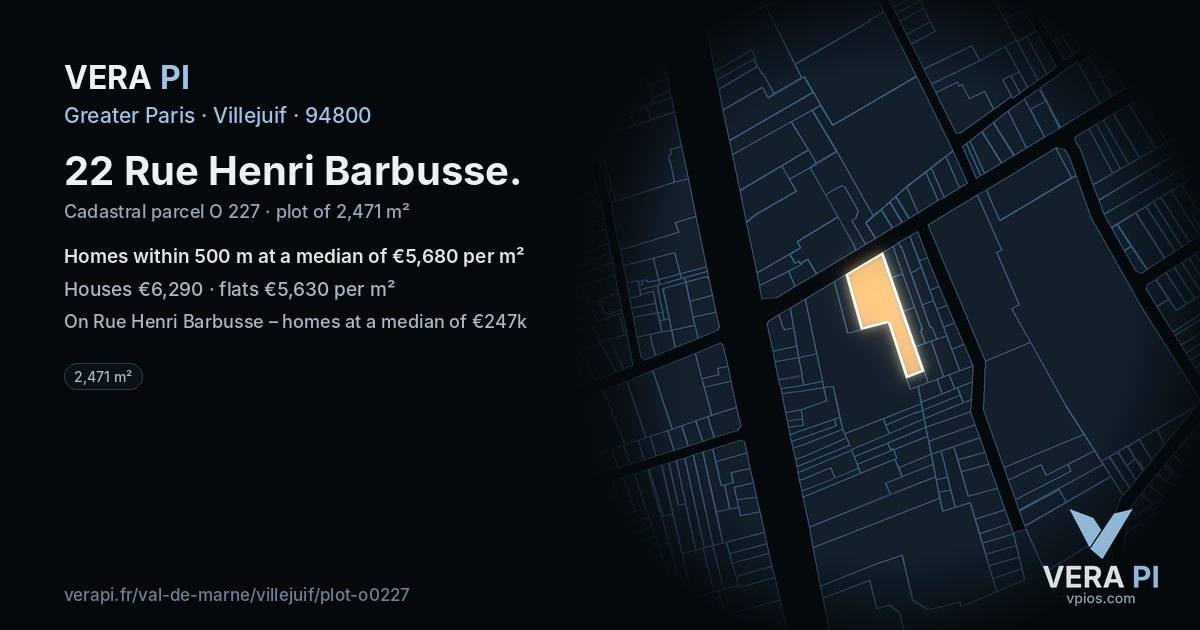 22 Rue Henri Barbusse, Villejuif at night – the plot lit, the parcels around coloured by the prices near them