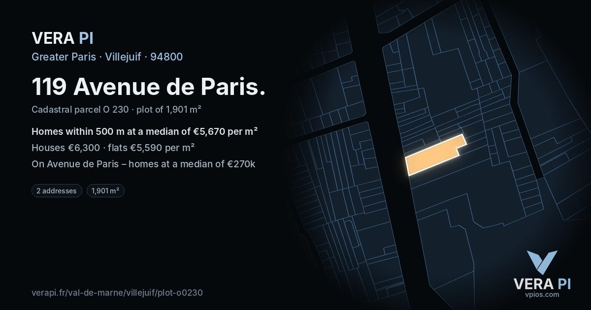 119 Avenue de Paris, Villejuif at night – the plot lit, the parcels around coloured by the prices near them