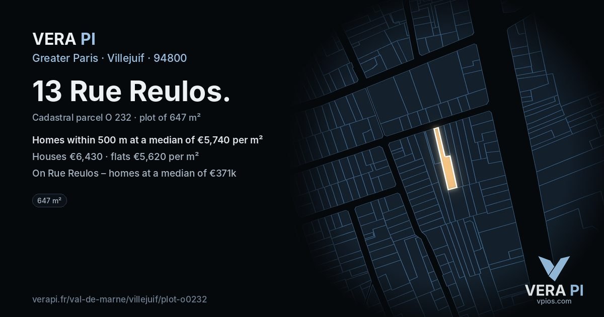 13 Rue Reulos, Villejuif at night – the plot lit, the parcels around coloured by the prices near them