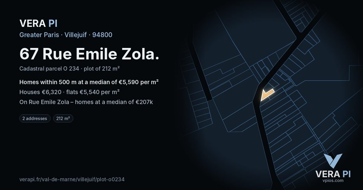 67 Rue Emile Zola, Villejuif at night – the plot lit, the parcels around coloured by the prices near them
