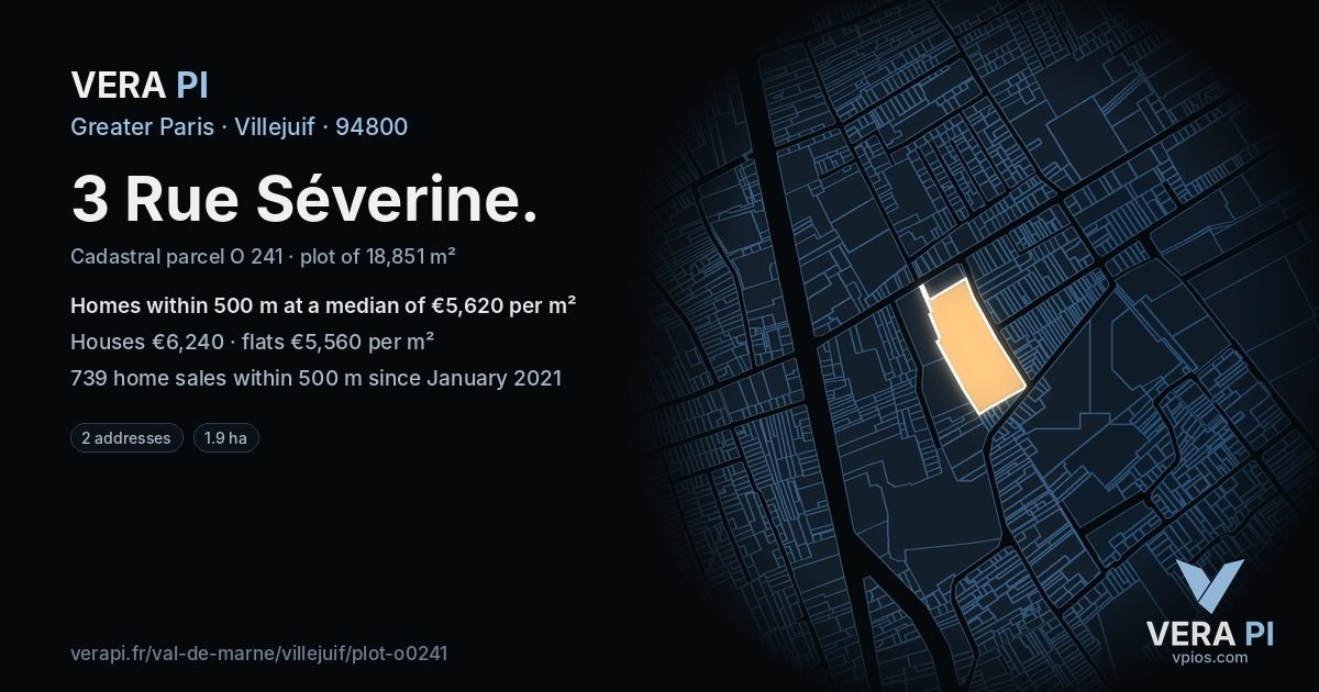 3 Rue Séverine, Villejuif at night – the plot lit, the parcels around coloured by the prices near them