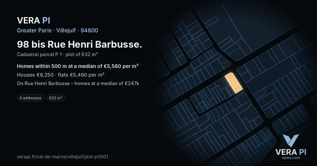 98 bis Rue Henri Barbusse, Villejuif at night – the plot lit, the parcels around coloured by the prices near them