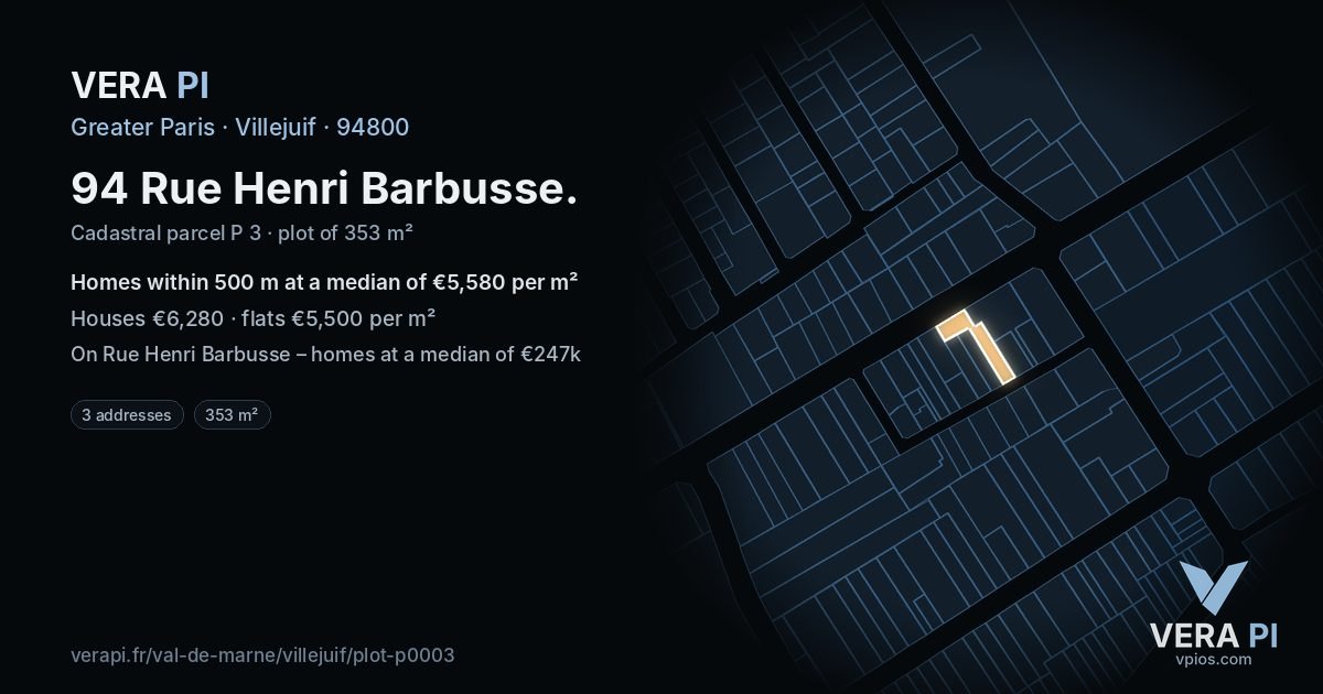 94 Rue Henri Barbusse, Villejuif at night – the plot lit, the parcels around coloured by the prices near them