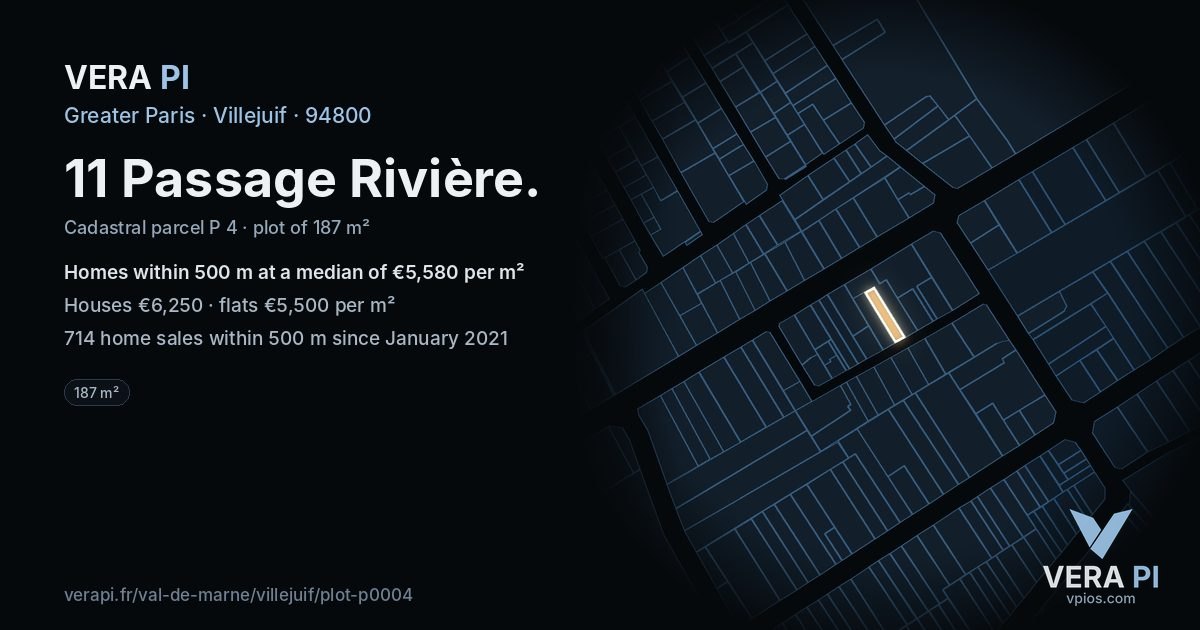 11 Passage Rivière, Villejuif at night – the plot lit, the parcels around coloured by the prices near them