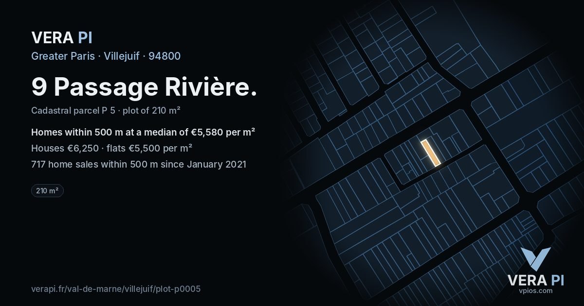 9 Passage Rivière, Villejuif at night – the plot lit, the parcels around coloured by the prices near them