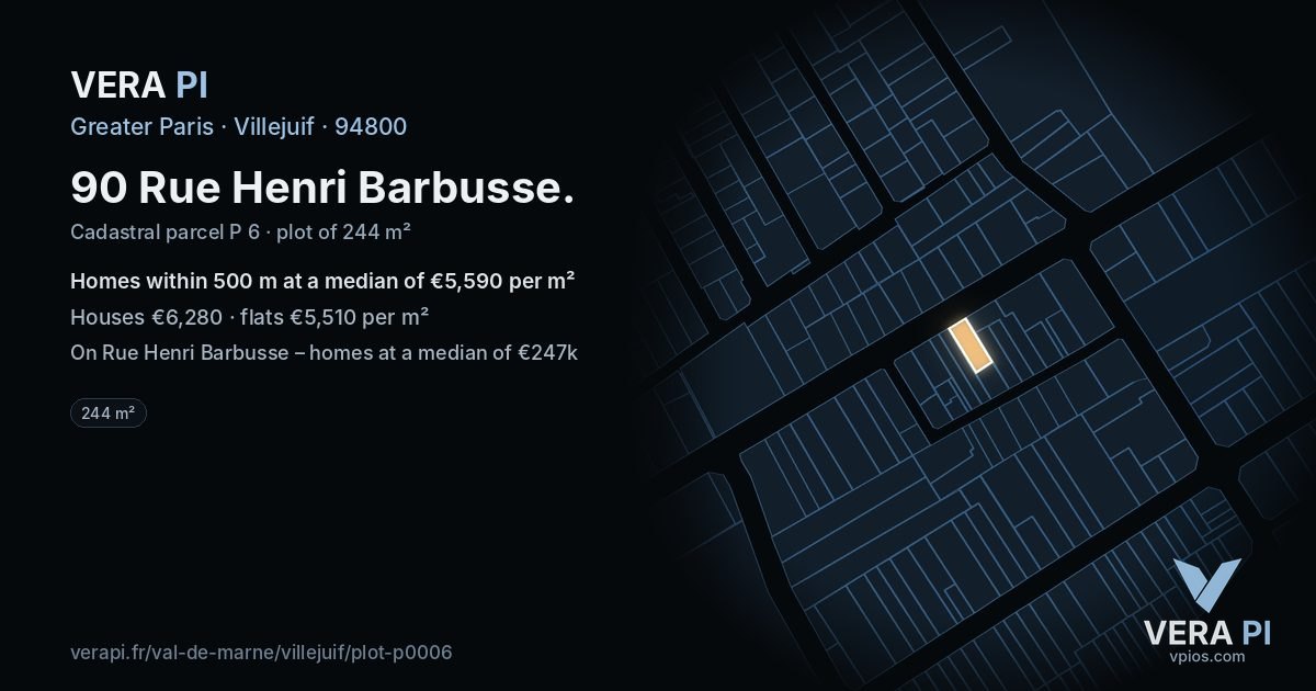 90 Rue Henri Barbusse, Villejuif at night – the plot lit, the parcels around coloured by the prices near them