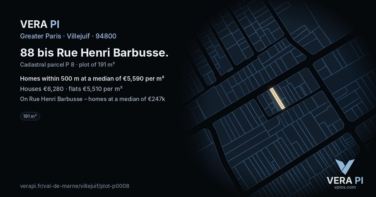 88 bis Rue Henri Barbusse, Villejuif at night – the plot lit, the parcels around coloured by the prices near them