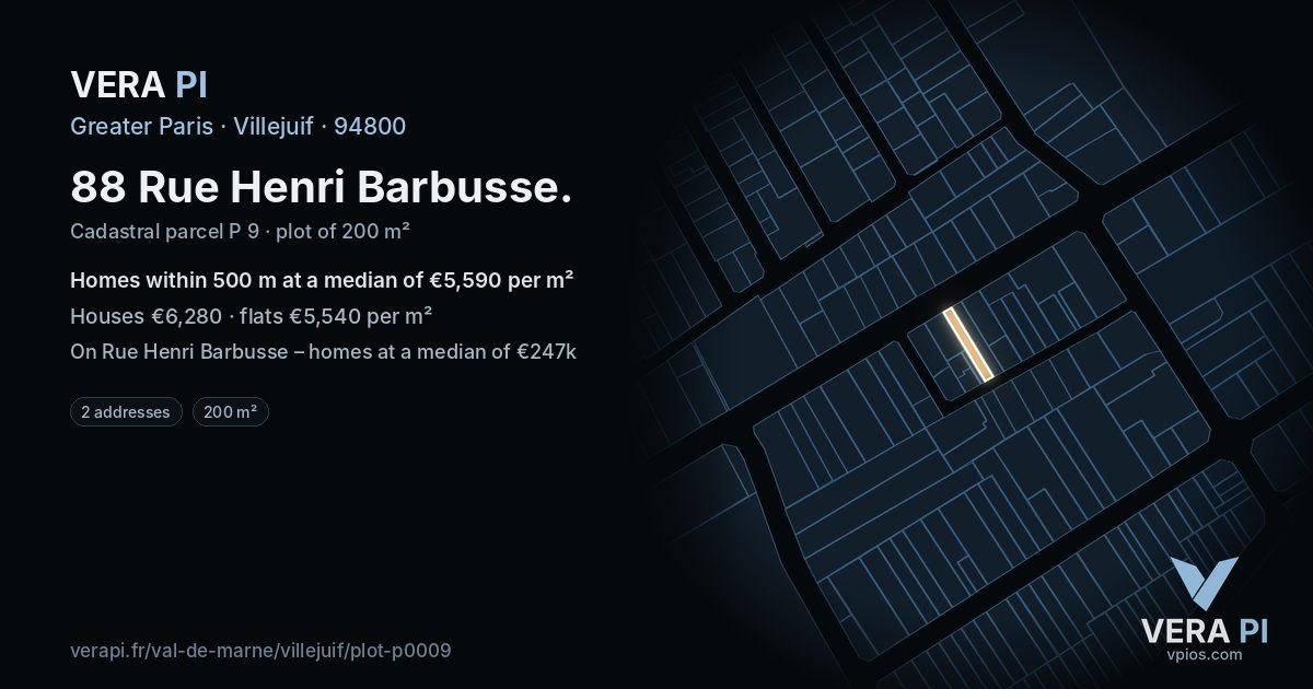 88 Rue Henri Barbusse, Villejuif at night – the plot lit, the parcels around coloured by the prices near them