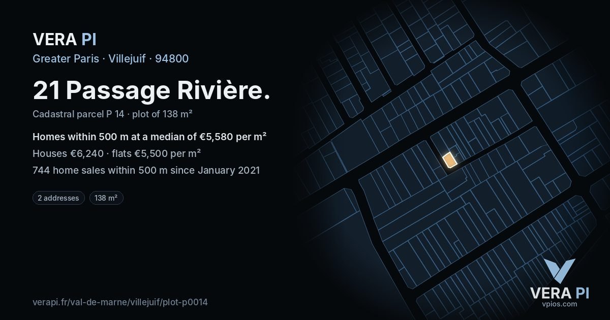21 Passage Rivière, Villejuif at night – the plot lit, the parcels around coloured by the prices near them