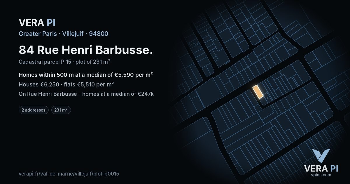84 Rue Henri Barbusse, Villejuif at night – the plot lit, the parcels around coloured by the prices near them