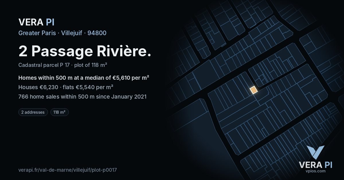 2 Passage Rivière, Villejuif at night – the plot lit, the parcels around coloured by the prices near them