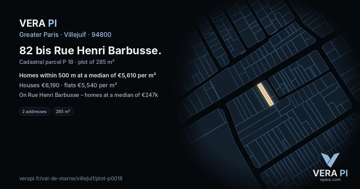 82 bis Rue Henri Barbusse, Villejuif at night – the plot lit, the parcels around coloured by the prices near them