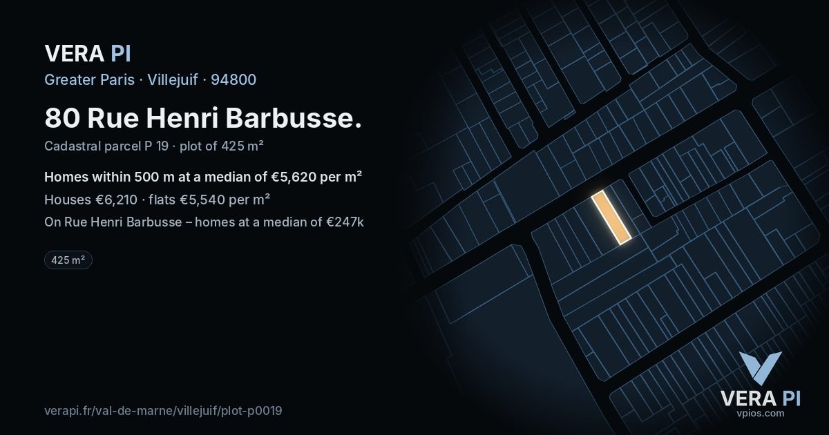 80 Rue Henri Barbusse, Villejuif at night – the plot lit, the parcels around coloured by the prices near them