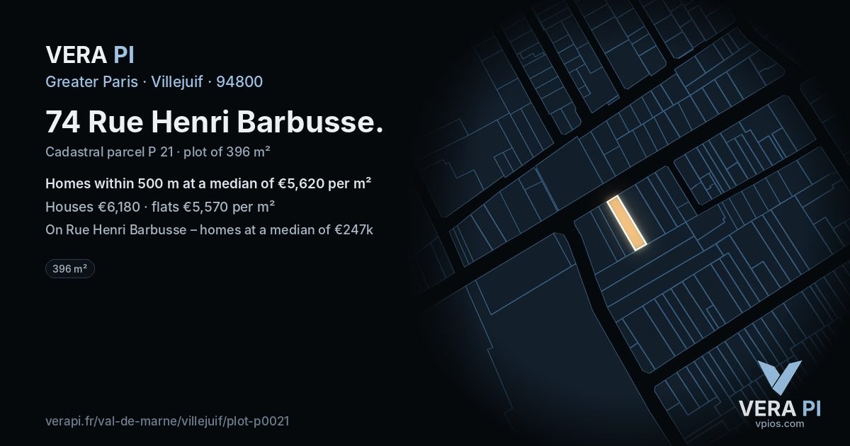 74 Rue Henri Barbusse, Villejuif at night – the plot lit, the parcels around coloured by the prices near them