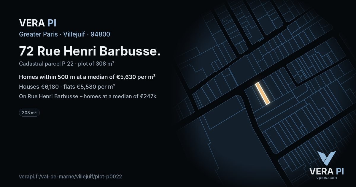 72 Rue Henri Barbusse, Villejuif at night – the plot lit, the parcels around coloured by the prices near them