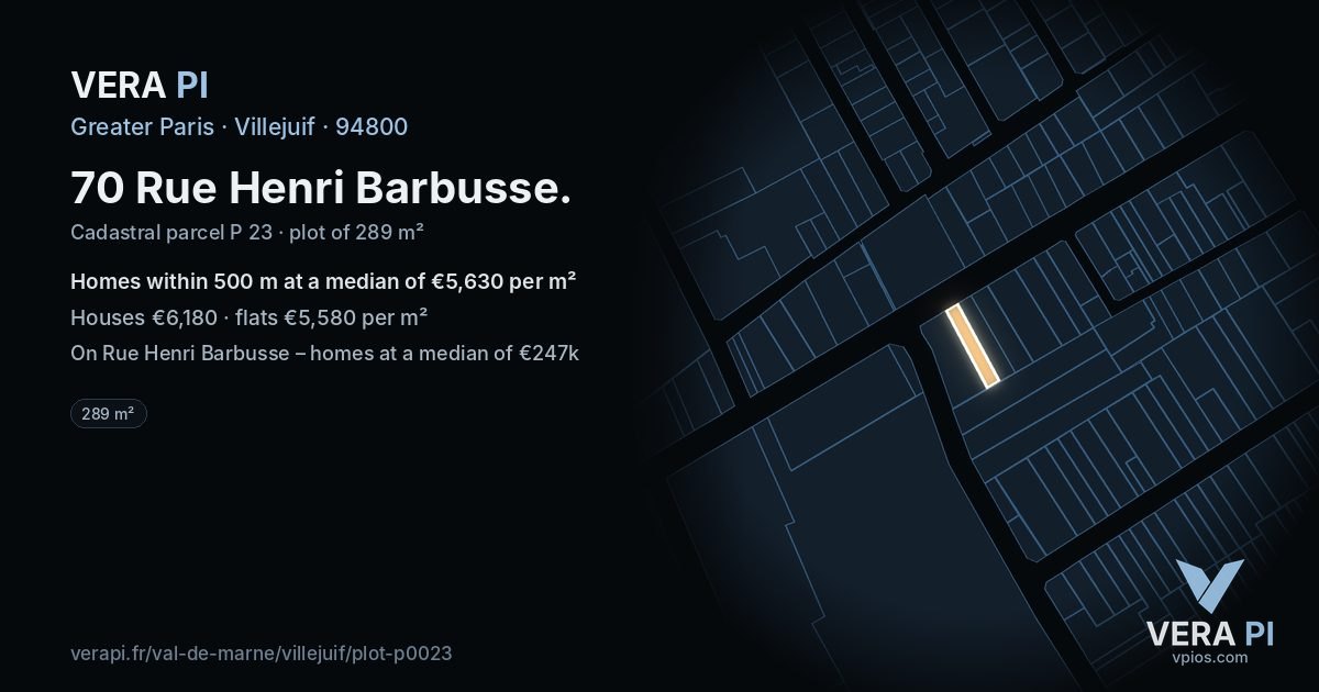 70 Rue Henri Barbusse, Villejuif at night – the plot lit, the parcels around coloured by the prices near them