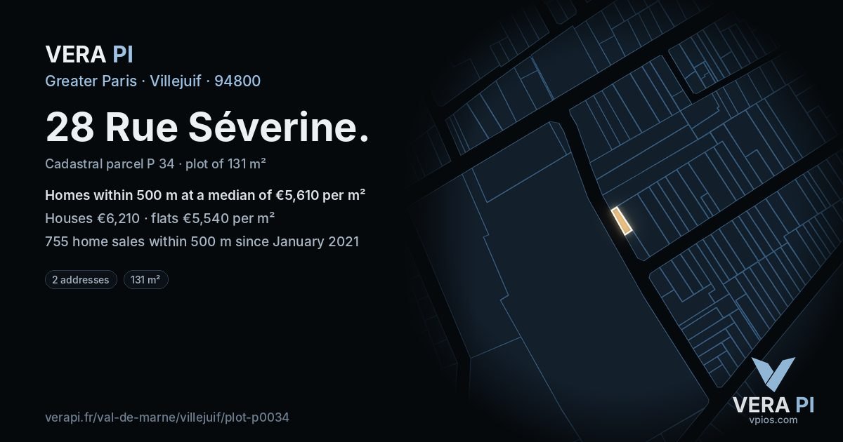 28 Rue Séverine, Villejuif at night – the plot lit, the parcels around coloured by the prices near them