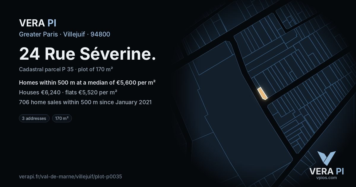 24 Rue Séverine, Villejuif at night – the plot lit, the parcels around coloured by the prices near them