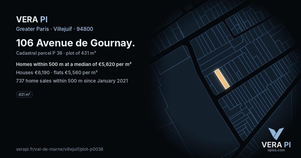106 Avenue de Gournay, Villejuif at night – the plot lit, the parcels around coloured by the prices near them