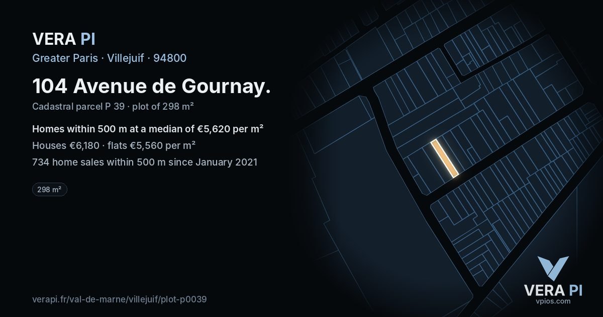 104 Avenue de Gournay, Villejuif at night – the plot lit, the parcels around coloured by the prices near them