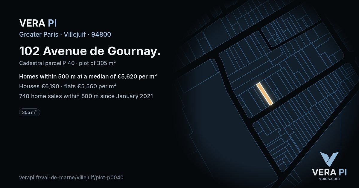102 Avenue de Gournay, Villejuif at night – the plot lit, the parcels around coloured by the prices near them