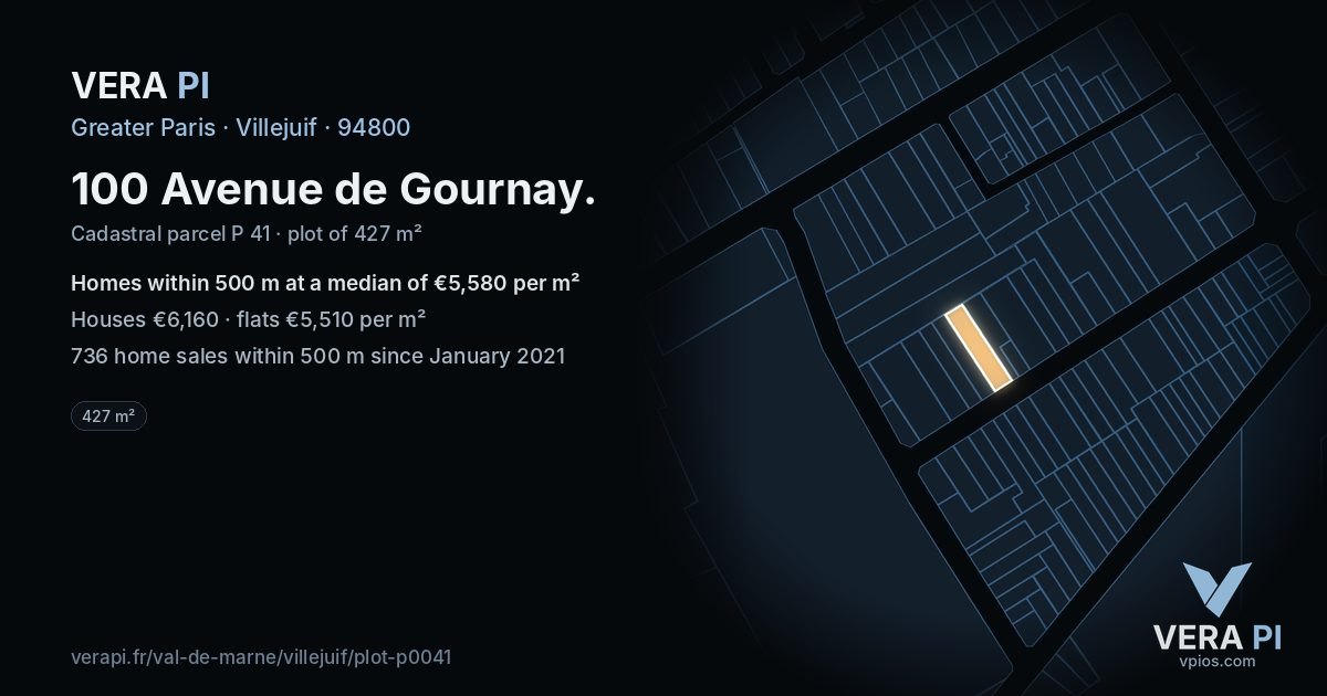100 Avenue de Gournay, Villejuif at night – the plot lit, the parcels around coloured by the prices near them